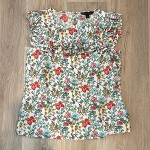 Floral Ruffle Cap-Sleeve Women's Top in White with Multi-Color Print